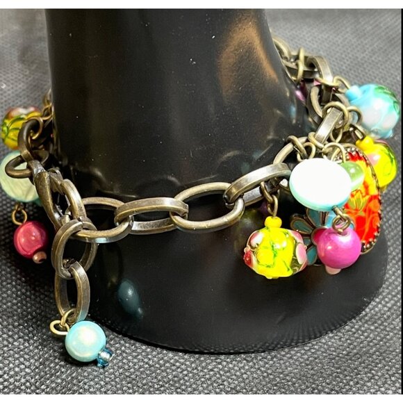 vtg Floral Chunky Antiqued-Bronze Bracelet Multicolor Glass Enamel Beads Charms - Picture 2 of 6